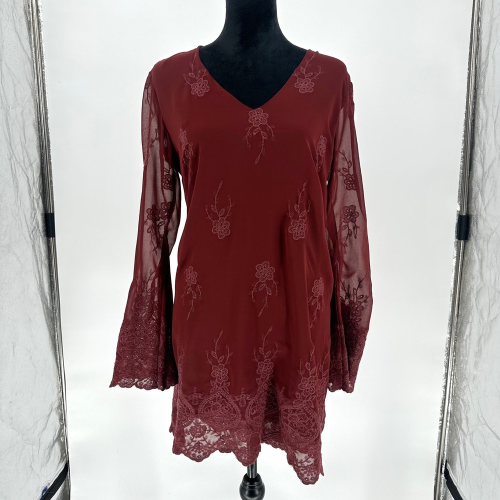 WAYF Burgundy Halifax Embroidered Floral Lace Bell Sleeve Mini Dress V Neck S